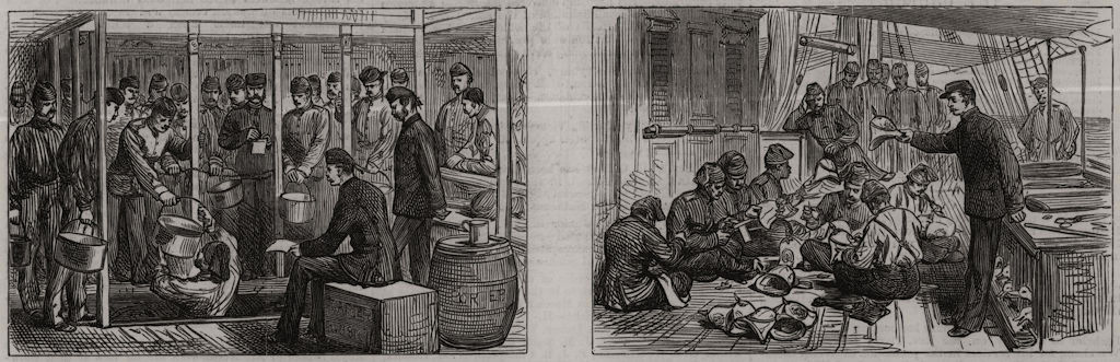 Associate Product Life in a troop-ship: serving out porter; putting covers on helmets. Ships, 1878