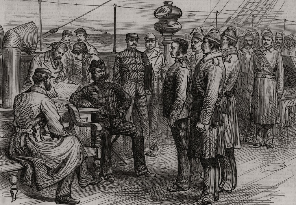 Kaffir War troop transport: Trying an offender on board the Nubian 1878 print