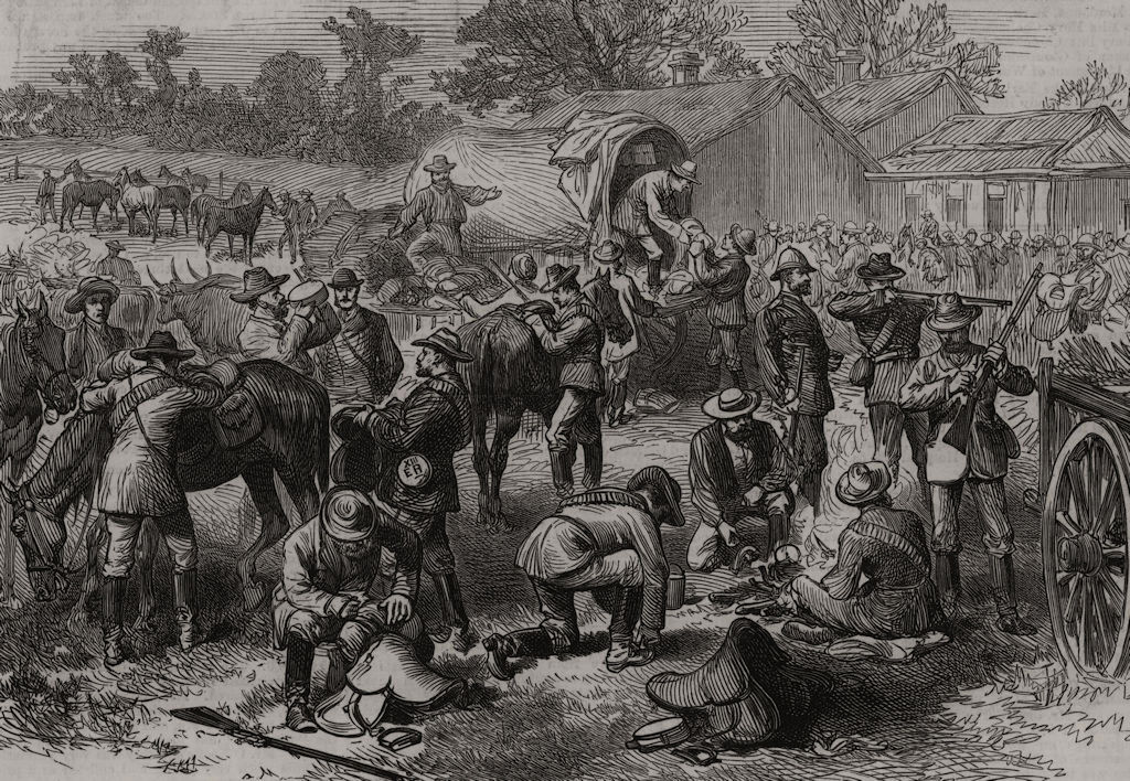 Kaffir War: Rautenbach's Rangers preparing an expedition. South Africa 1878