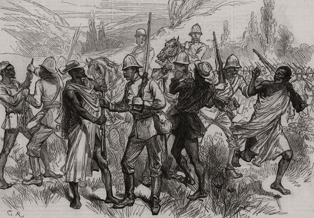 The Kaffir War: Advanced guard disarming Negroes. South Africa 1878 old print