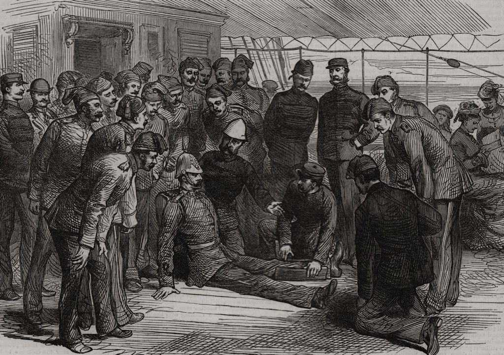 Associate Product The Doctors' parade: teaching how to treat the wounded. Militaria, print, 1878