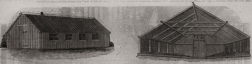 Officers' barracks; privates' hut with inclined sleeping floor, old print, 1855