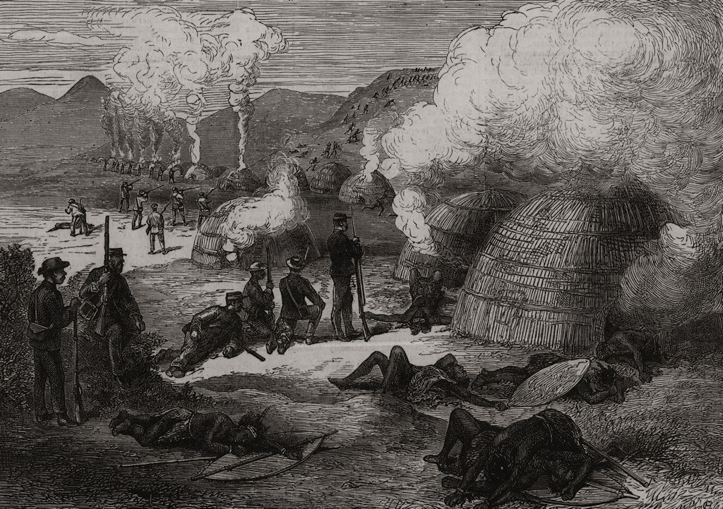 Burning of Kreli's Kraal. South Africa 1877 old antique vintage print picture
