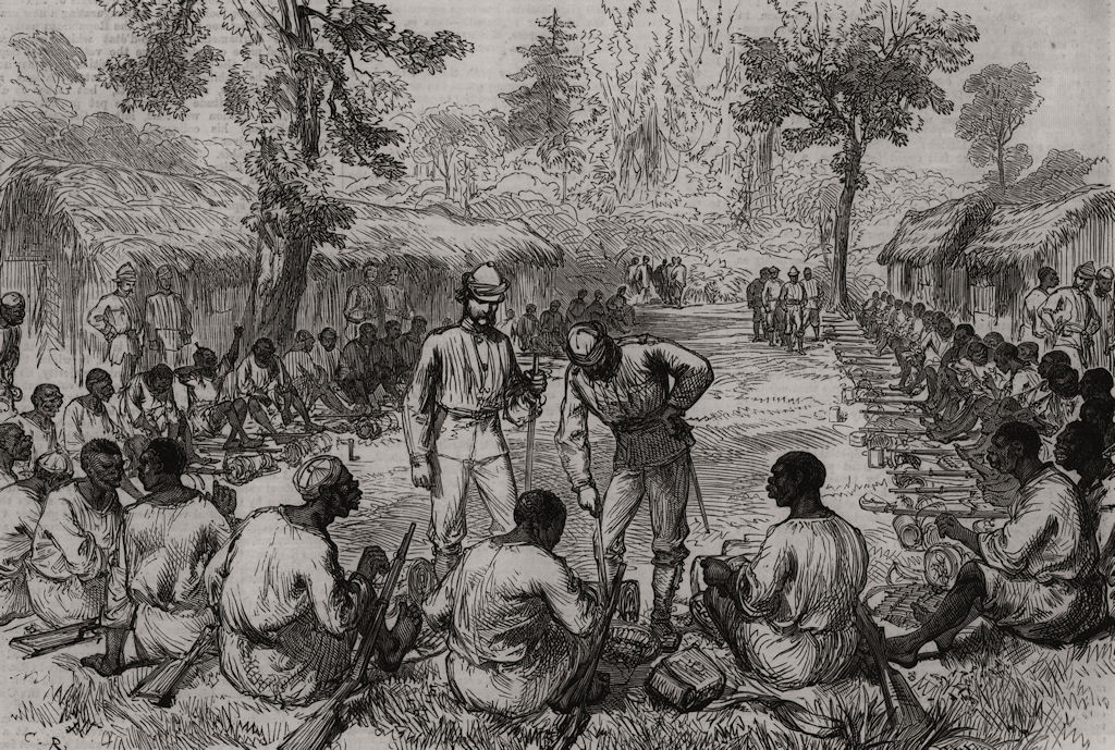 The Ashanti War: Counting & inspecting ammunition of the Bonny Men. Ghana 1874