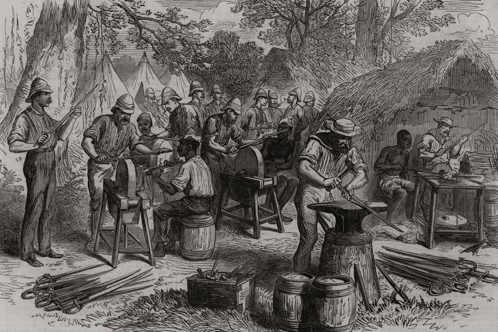 The Ashanti War: sharpening cutlasses in the camp at Pra-Su. Ghana 1874 print