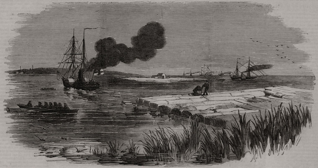 Associate Product HM Steam-ship Spitfire towing large timber raft, on the Dnieper. Ukraine 1855
