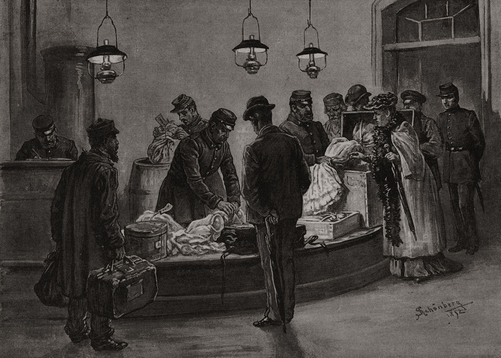 Hamburg cholera epidemic: Customs officers disinfecting linen, old print, 1892