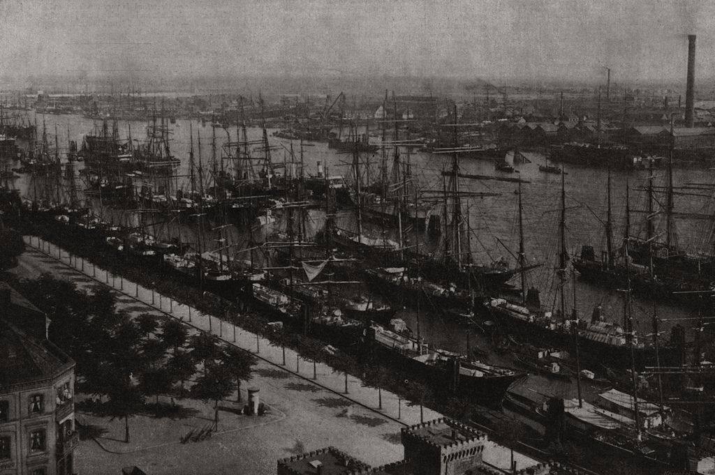 Hamburg cholera epidemic: The harbour at Hamburg 1892 old antique print