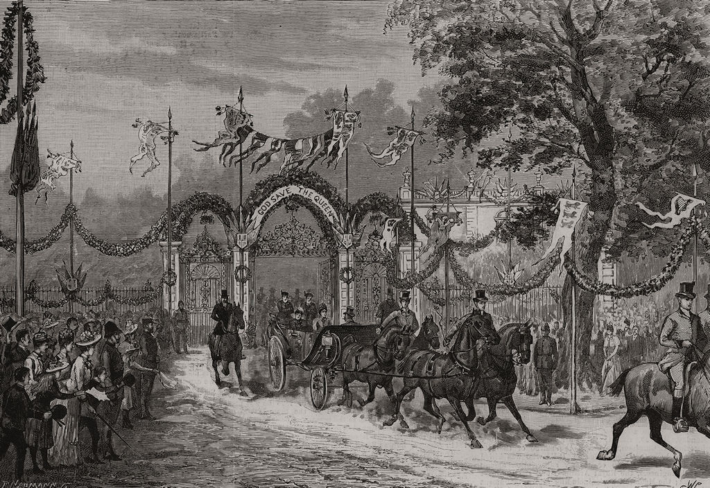 The Queen leaving Waddesdon Manor. Buckinghamshire, antique print, 1890