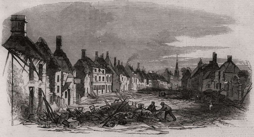 Associate Product Ruins at Olney, after the recent fire. Buckinghamshire, antique print, 1854