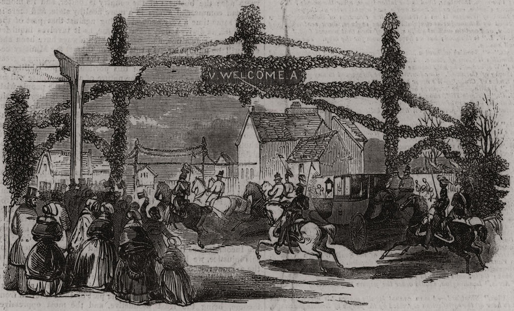 Associate Product Queen Victoria passing through Bracknell. Berkshire, antique print, 1845