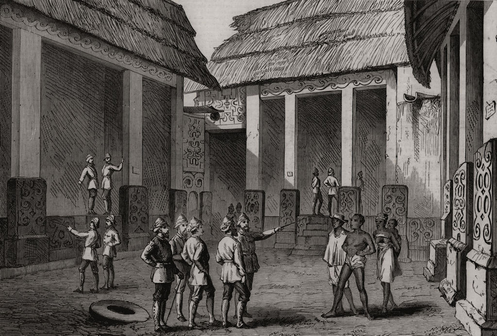 Ashanti War: Interior of the Adansi chief's palace at Fomannah. Ghana, 1874