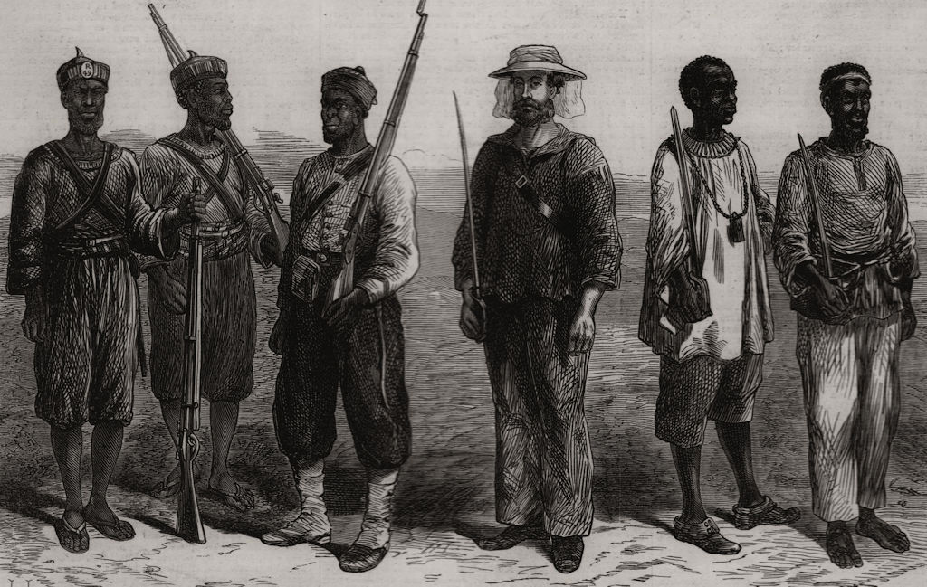 Associate Product Ashanti War: Sentries of the troops in camp at Pra-su. Ghana, old print, 1874
