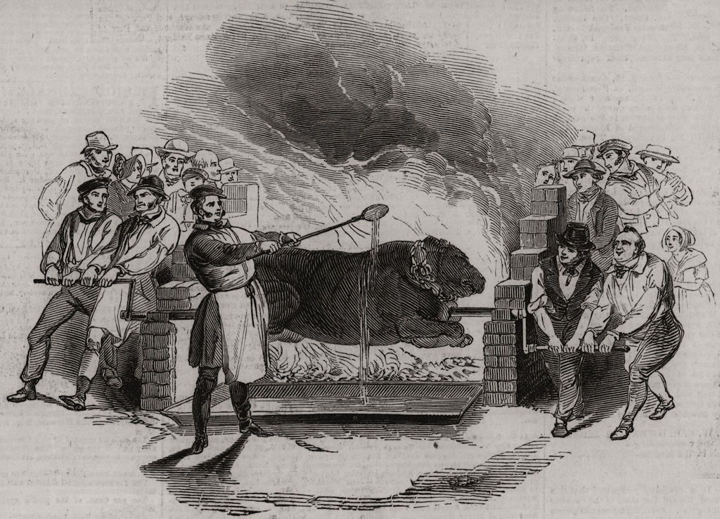Roasting the ox, at Buckingham. Buckinghamshire 1844 old antique print picture