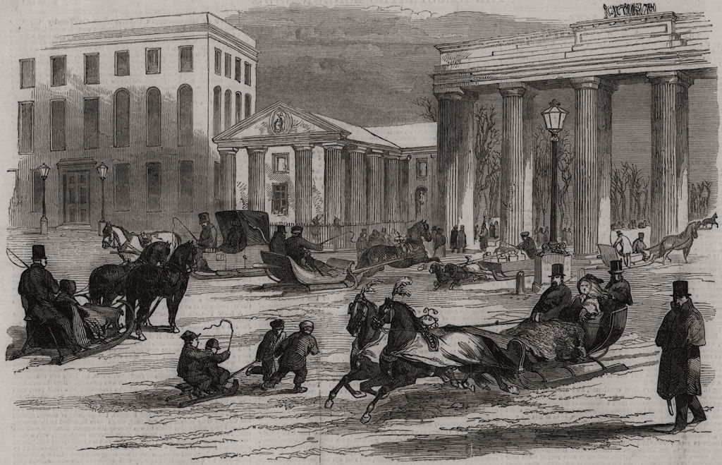 Associate Product Sledging in Berlin. Brandenburg gate, antique print, 1850