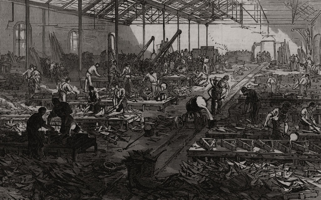 Associate Product Making ploughshares at the Britannia Works, Bedford. Bedfordshire, print, 1874