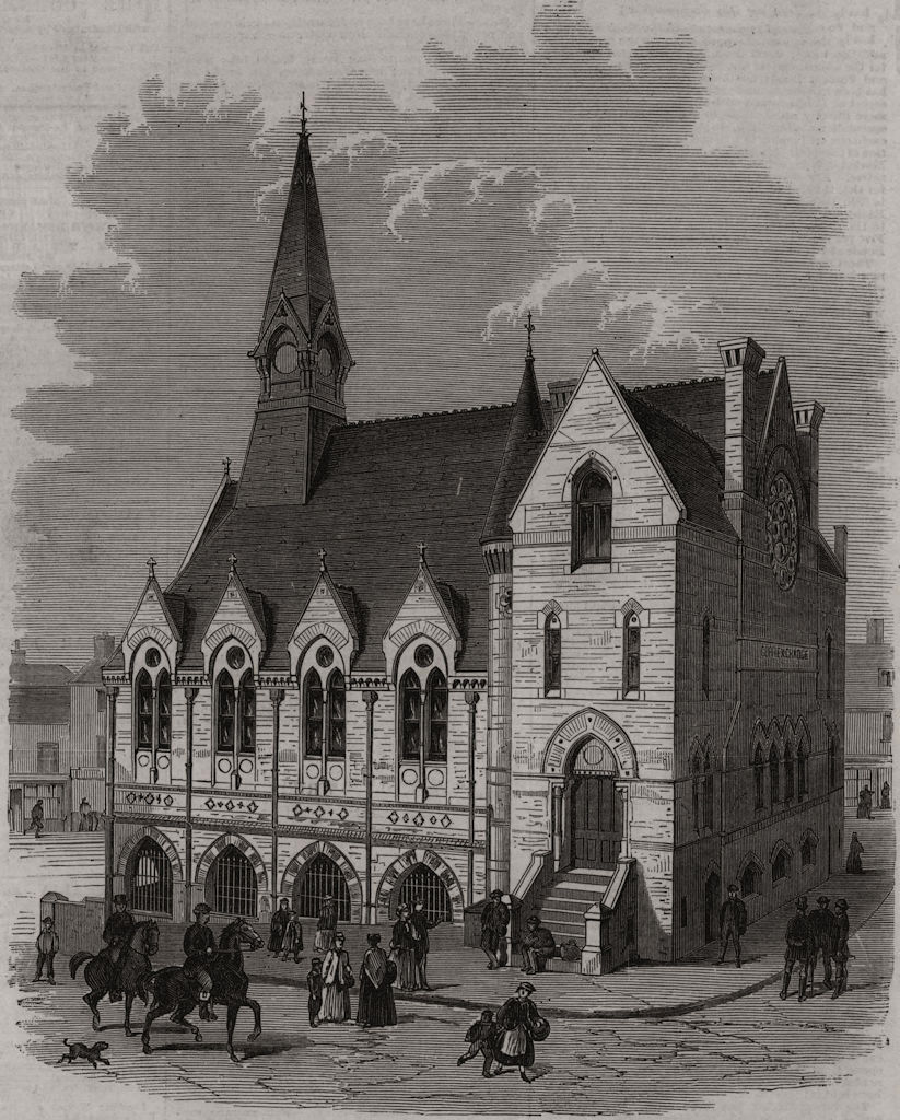 Associate Product Corn Exchange and public market hall, Luton, Bedfordshire, antique print, 1869