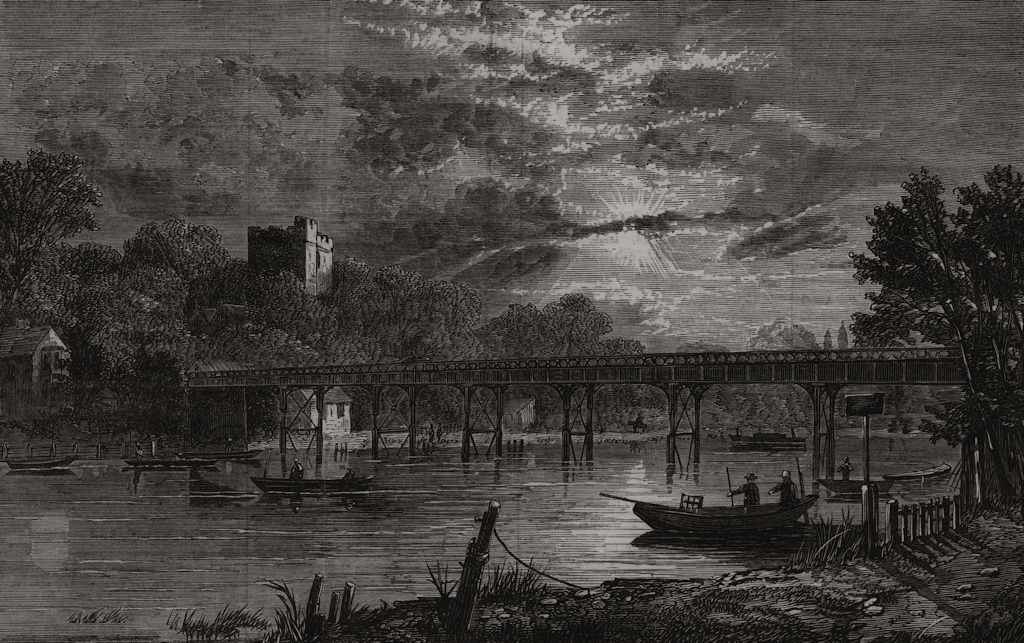 Associate Product New iron bridge over the Thames at Cookham. Berkshire, antique print, 1868