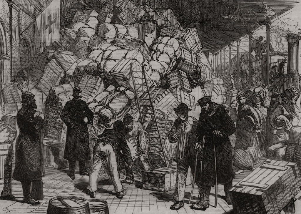 Associate Product Stores at Cologne railway station for the army besieging Paris, old print, 1870