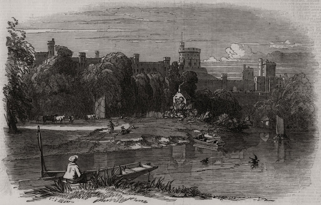 Associate Product Windsor Castle, from the Thames. Berkshire, antique print, 1848