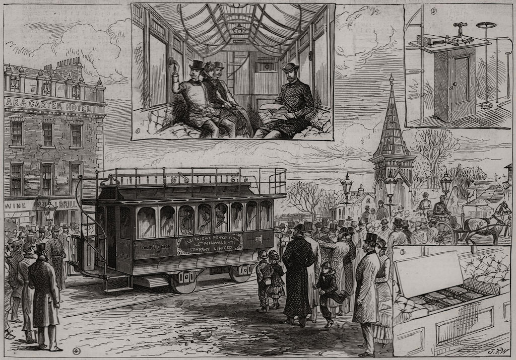 Associate Product Electric tramway car, West Metropolitan Tramway line at Kew Bridge. London 1883