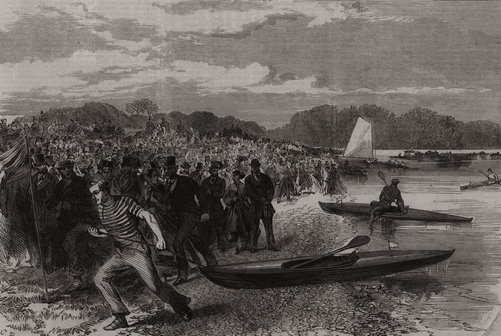 Associate Product Canoe race at Thames Ditton last Saturday. Surrey, antique print, 1867