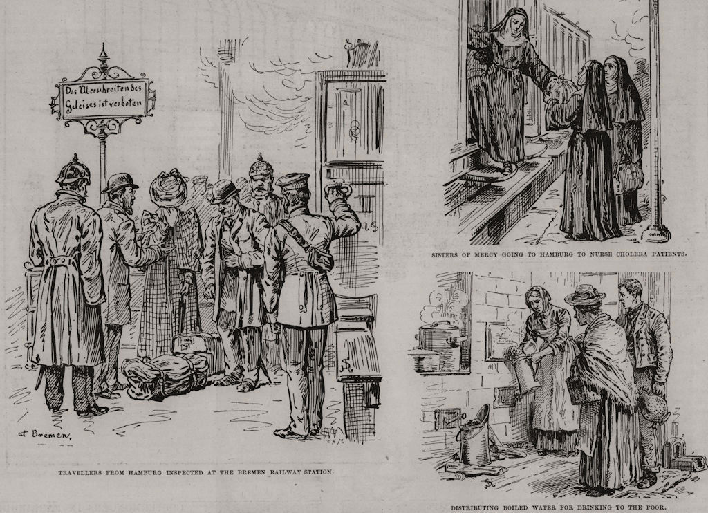 Hamburg cholera epidemic: sketches by our special artist 1892 old print