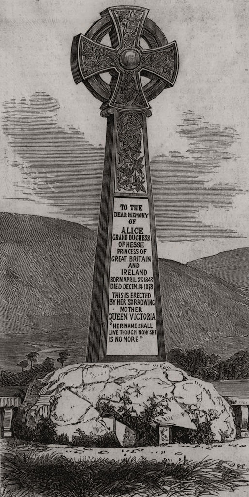 Memorial cross of Princess Alice at Balmoral. Scotland 1880 old antique print