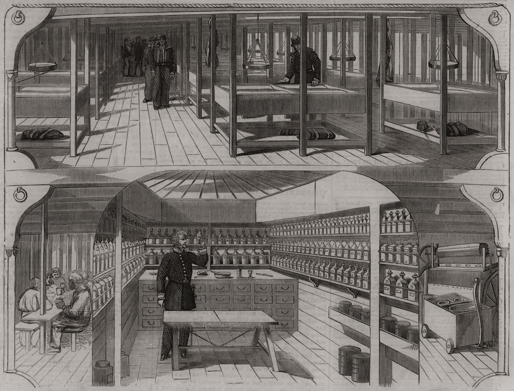 Associate Product Hospital ships for China: The hospital department and surgery, old print, 1860