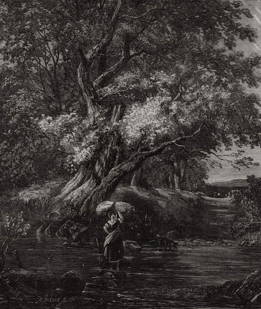 " Over the Brook ". Fine arts 1857 old antique vintage print picture