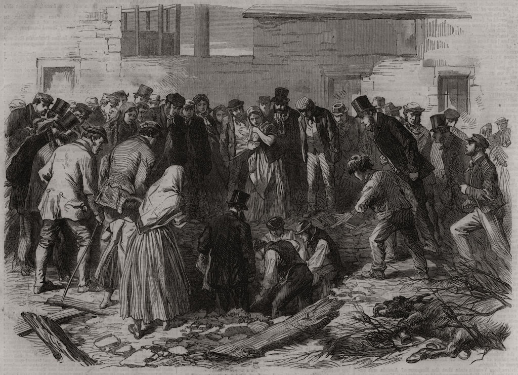 Sheffield floods: searching for the dead at Neepsend. Yorkshire, old print, 1864