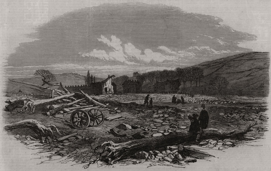 Associate Product The flood at Sheffield: The village of Malin Bridge after the flood, print, 1864
