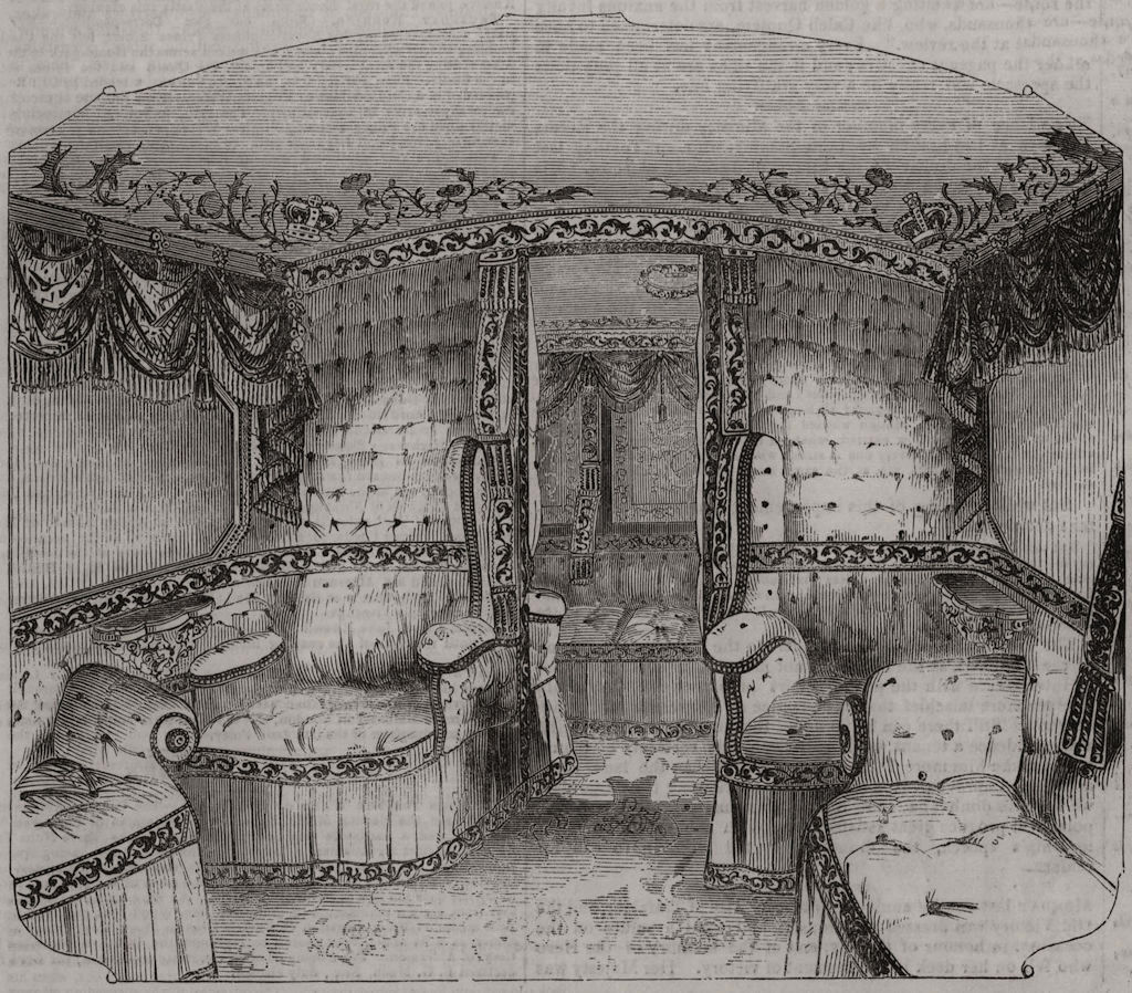 Interior of the new Royal Southampton Railway state carriage. Hampshire, 1844