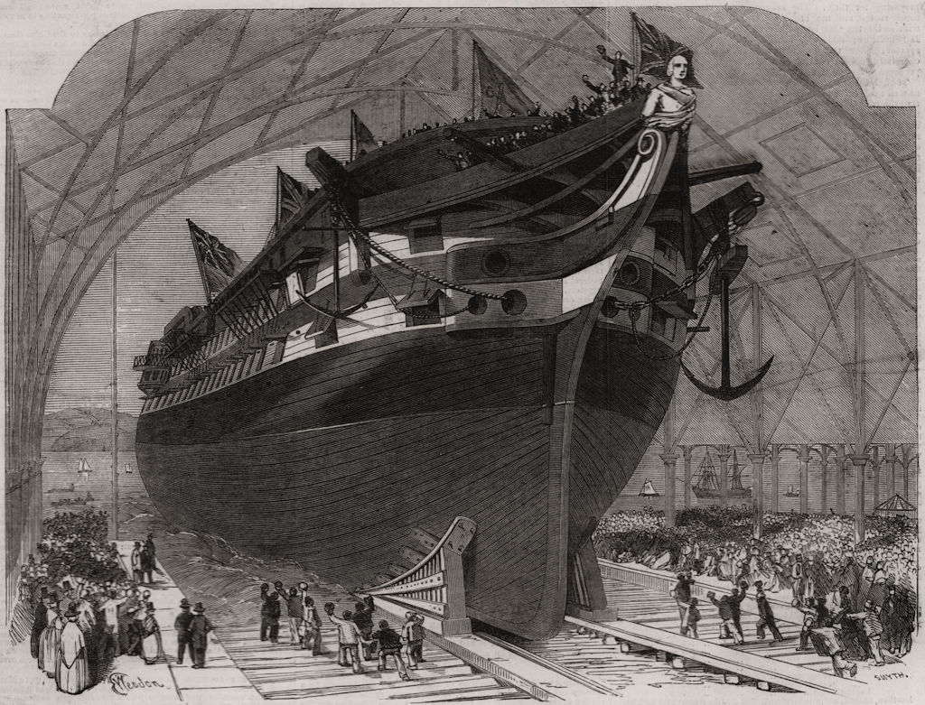Associate Product Launch of HMS James Watt, at the Royal Dockyard, Pembroke, antique print, 1853