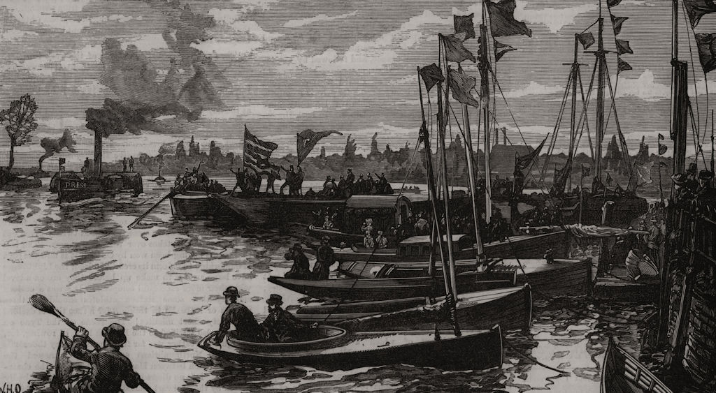 Oxford & Cambridge boat race. The press boat returning. Rowing 1882 old print