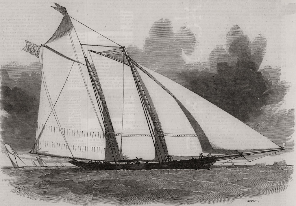 The schooner yacht "America". The first Americas Cup, antique print, 1851