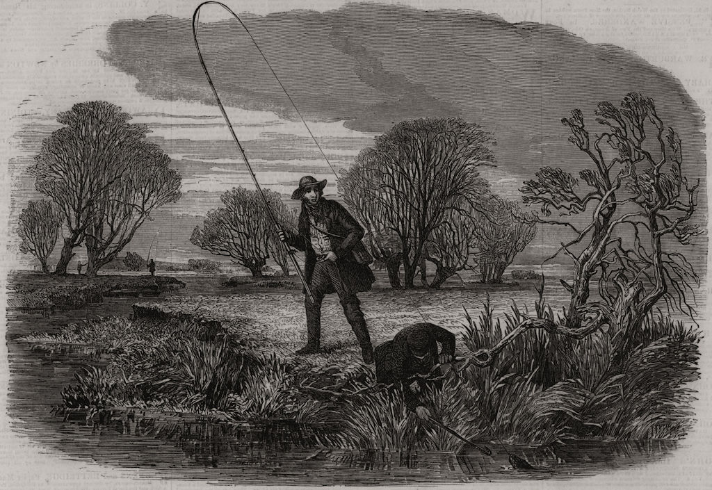 Trolling for jack. Fishing 1850 old antique vintage print picture