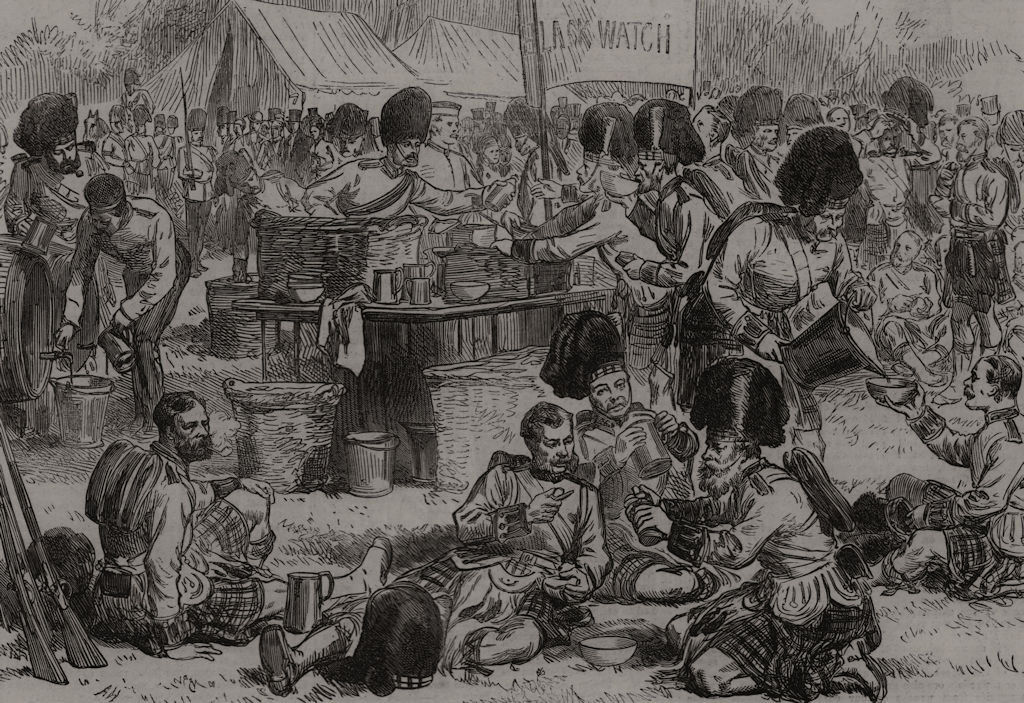 Associate Product Refreshment of troops at the Windsor Review. Berkshire, antique print, 1874