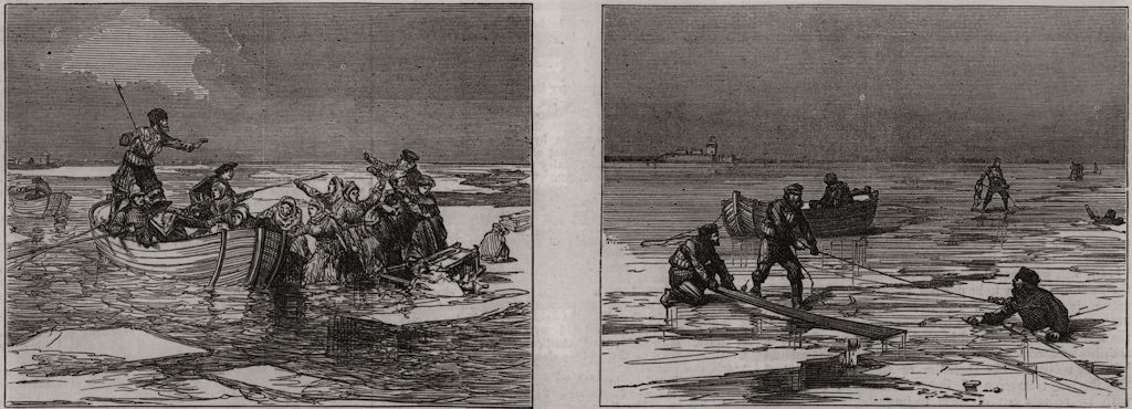 Russian villagers on floating ice; helping strugglers in the ice holes 1874
