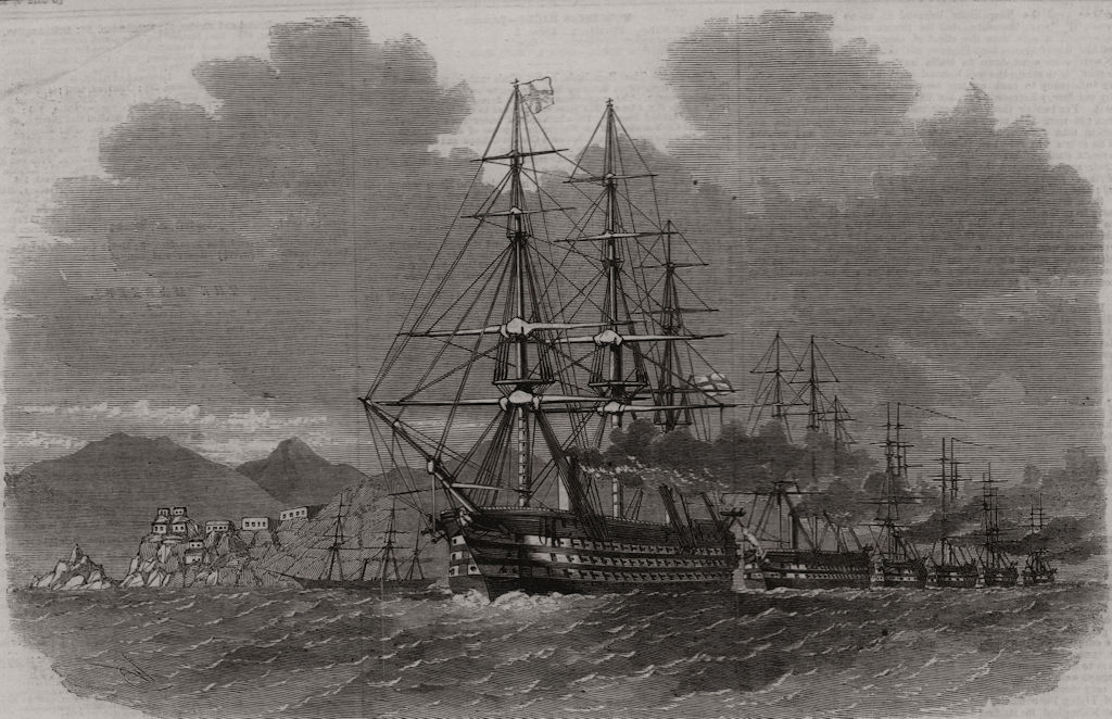A British squadron steaming through the Strait of Messina. Italy, print, 1859