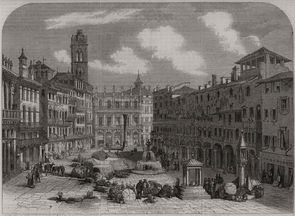 The Piazza della Ere, or vegetable market, Verona. Italy, antique print, 1859
