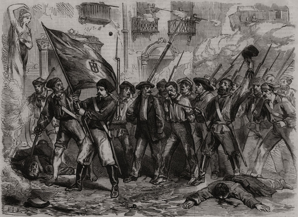 Associate Product Sicily revolution: Freed prisoners shooting their gaoler, Palermo. Italy, 1860