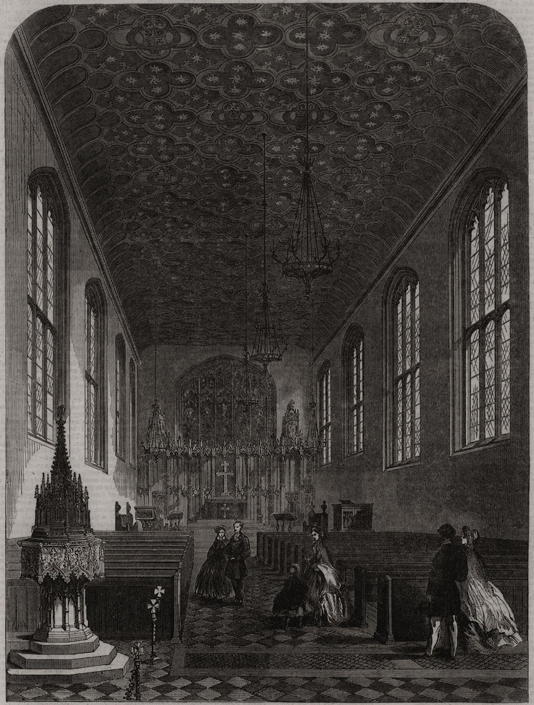 Associate Product Savoy Chapel, Strand, as restored after the fire. London, antique print, 1866