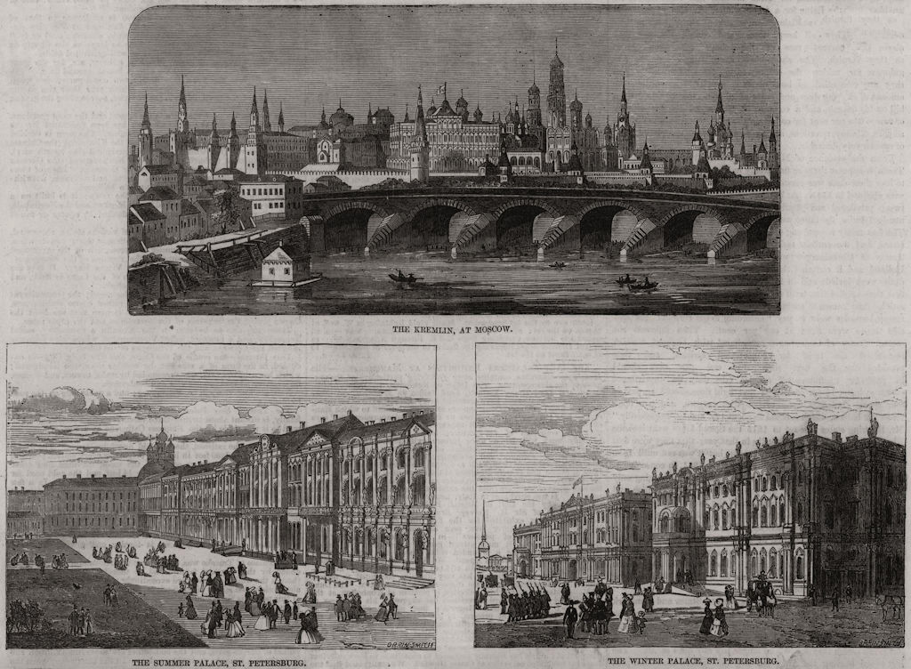 Russia. Kremlin, Moscow. Summer & Winter Palaces, St. Petersburg 1856 print