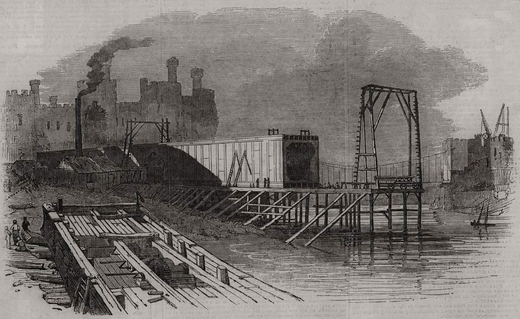 Associate Product River Conwy tubular railway bridge. Iron tube being built, antique print, 1848