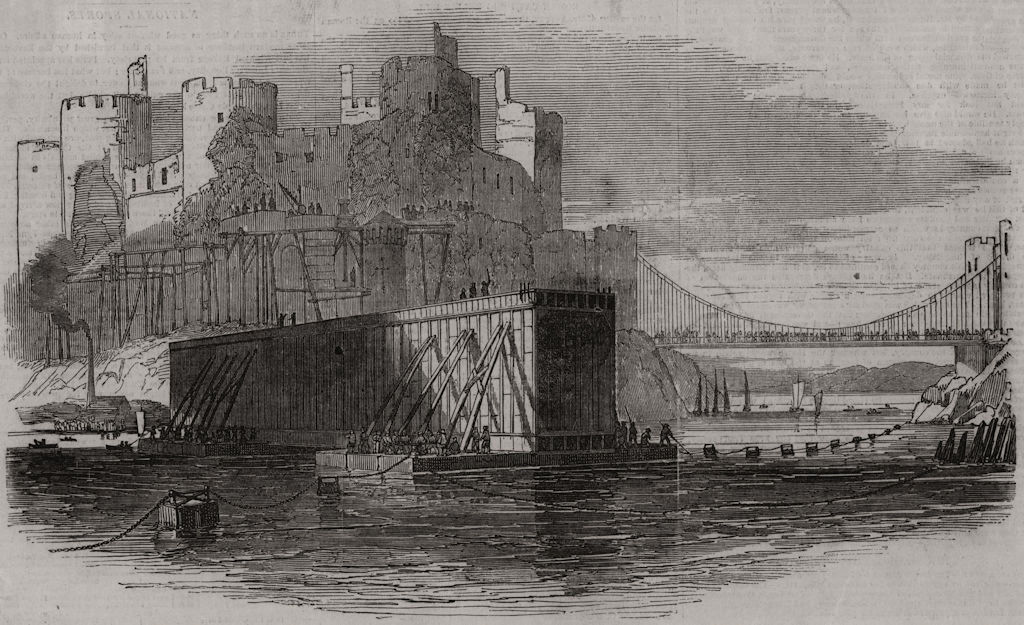 Associate Product River Conwy tubular railway bridge. Floating the tube. Wales, old print, 1848