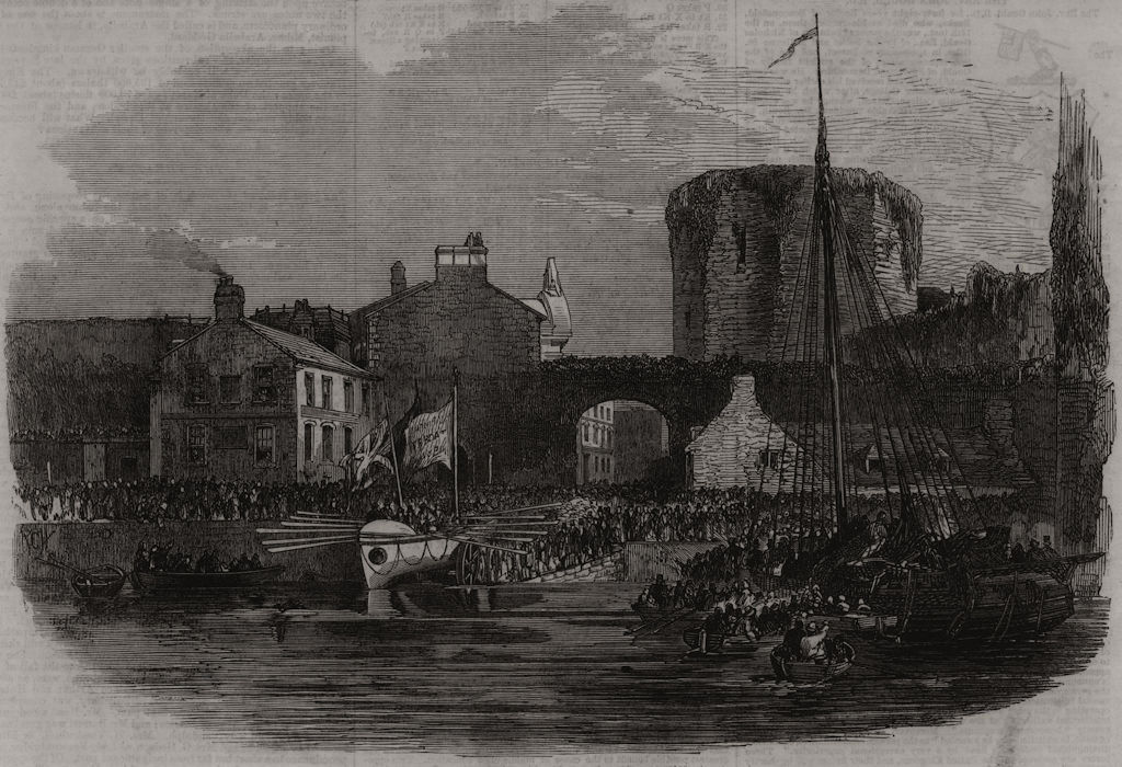 Associate Product Launch of a life-boat at Caernarfon. Wales, antique print, 1866
