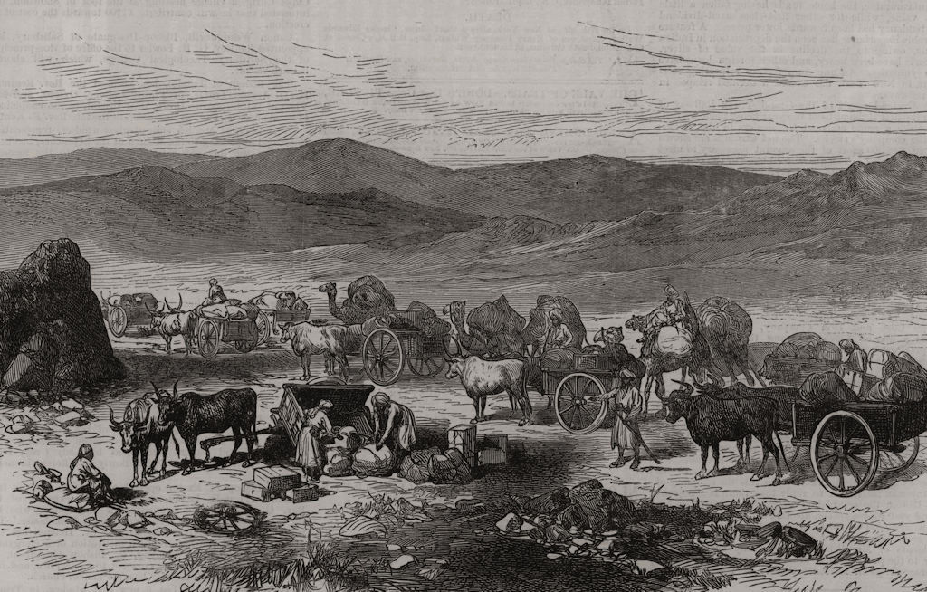 The Bolan Pass road: transport carts carrying stores to Quetta. Pakistan 1885