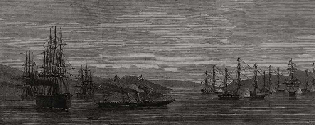 British squadron entering Trondheim Harbour. Enchantress, antique print, 1873