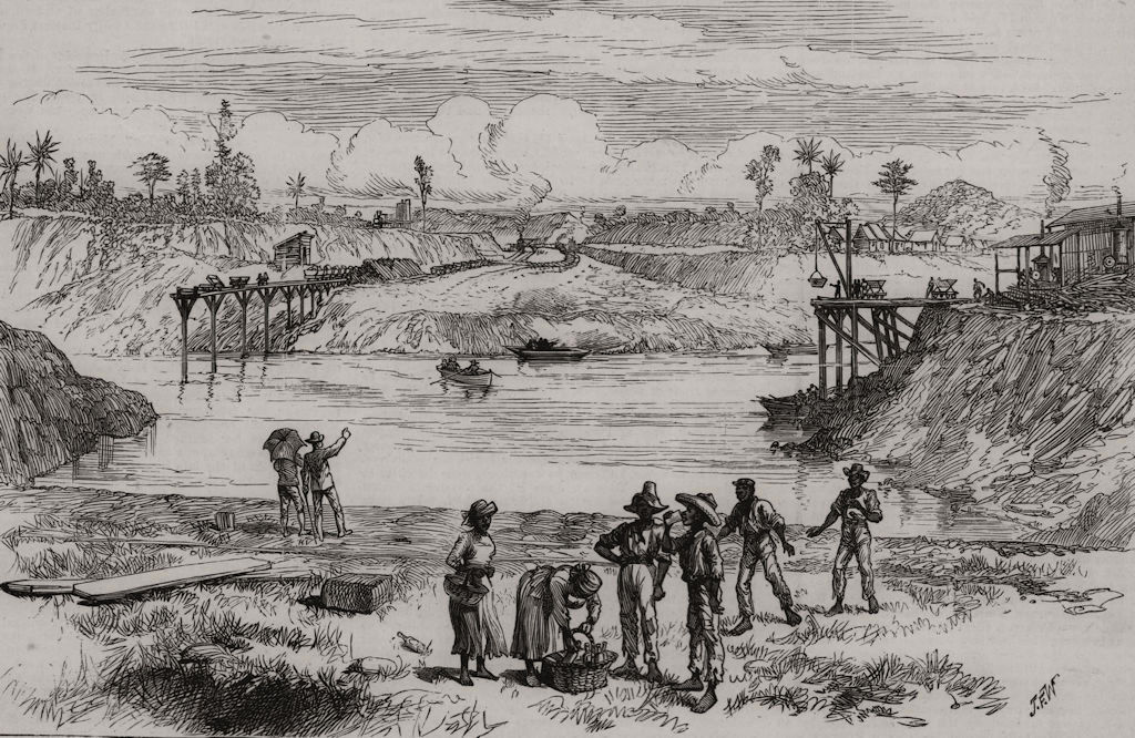 View of the canal works at Buhio, looking south-west. Panama ship canal 1888